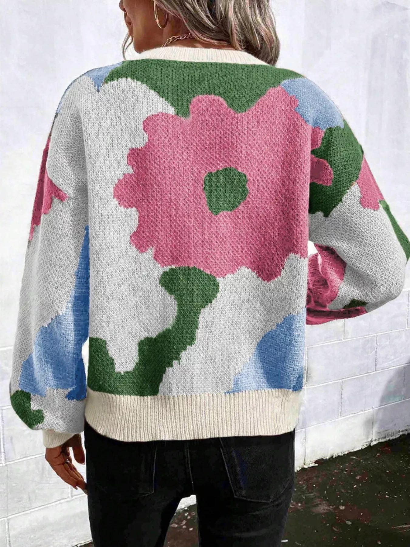 Floral Pattern Round Neck Sweater - MAD RUFFI