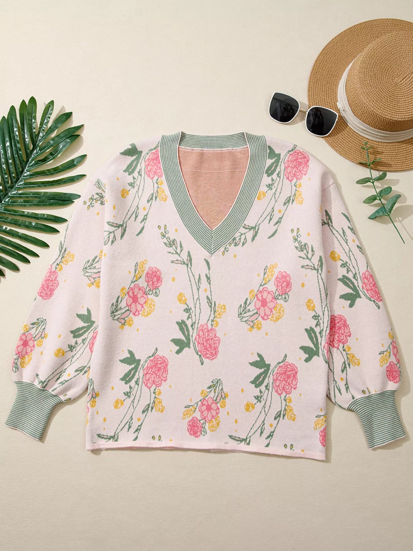 Floral Pattern Striped V Neck Loose Sweater - MAD RUFFI