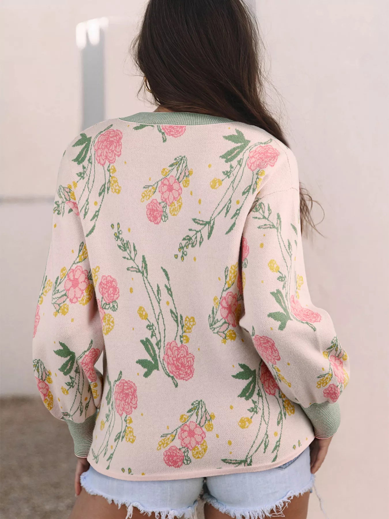 Floral Pattern Striped V Neck Loose Sweater - MAD RUFFI