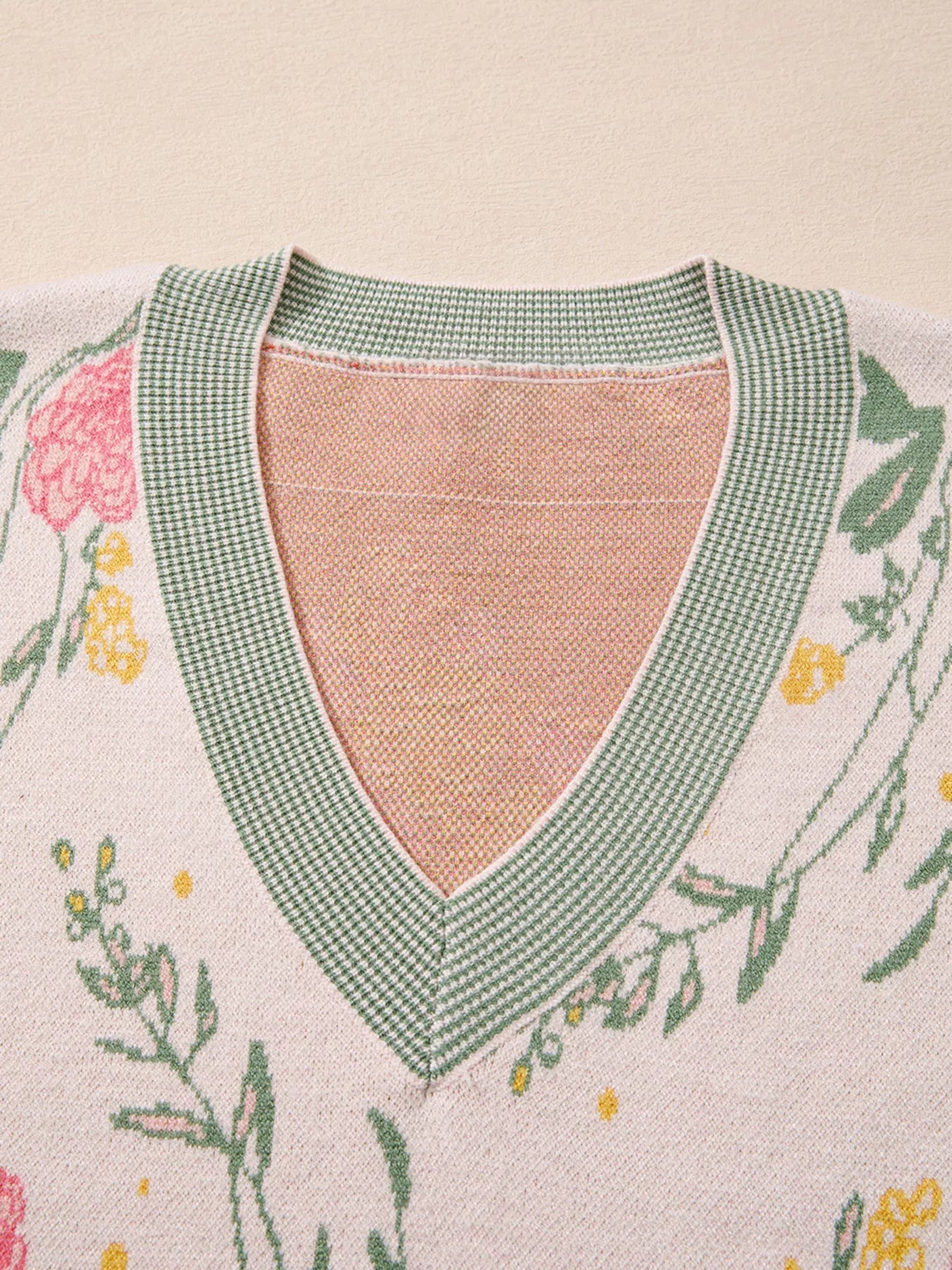 Floral Pattern Striped V Neck Loose Sweater - MAD RUFFI