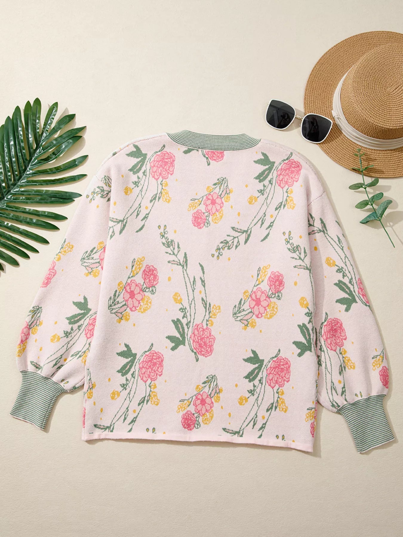 Floral Pattern Striped V Neck Loose Sweater - MAD RUFFI