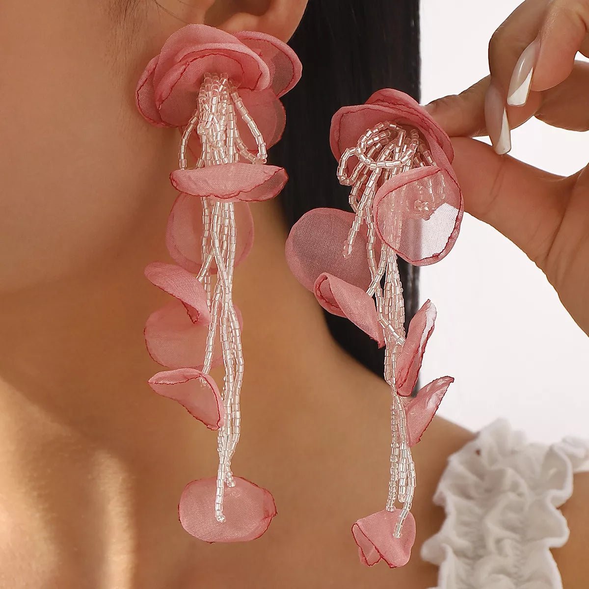 Floral Petal Beaded Tassel Drop Earrings - MAD RUFFI
