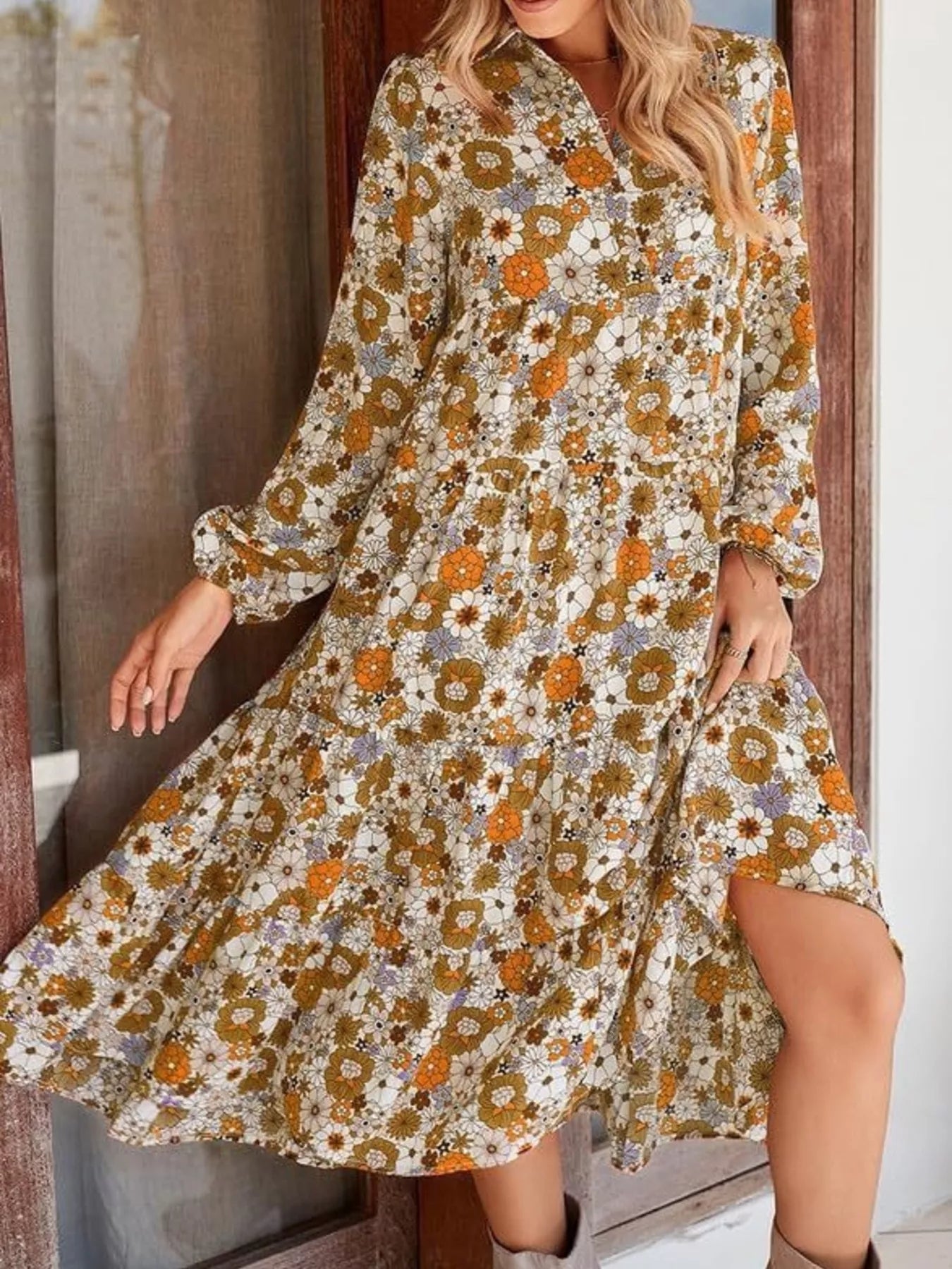 Floral Print Balloon Sleeve Midi Dress - MAD RUFFI
