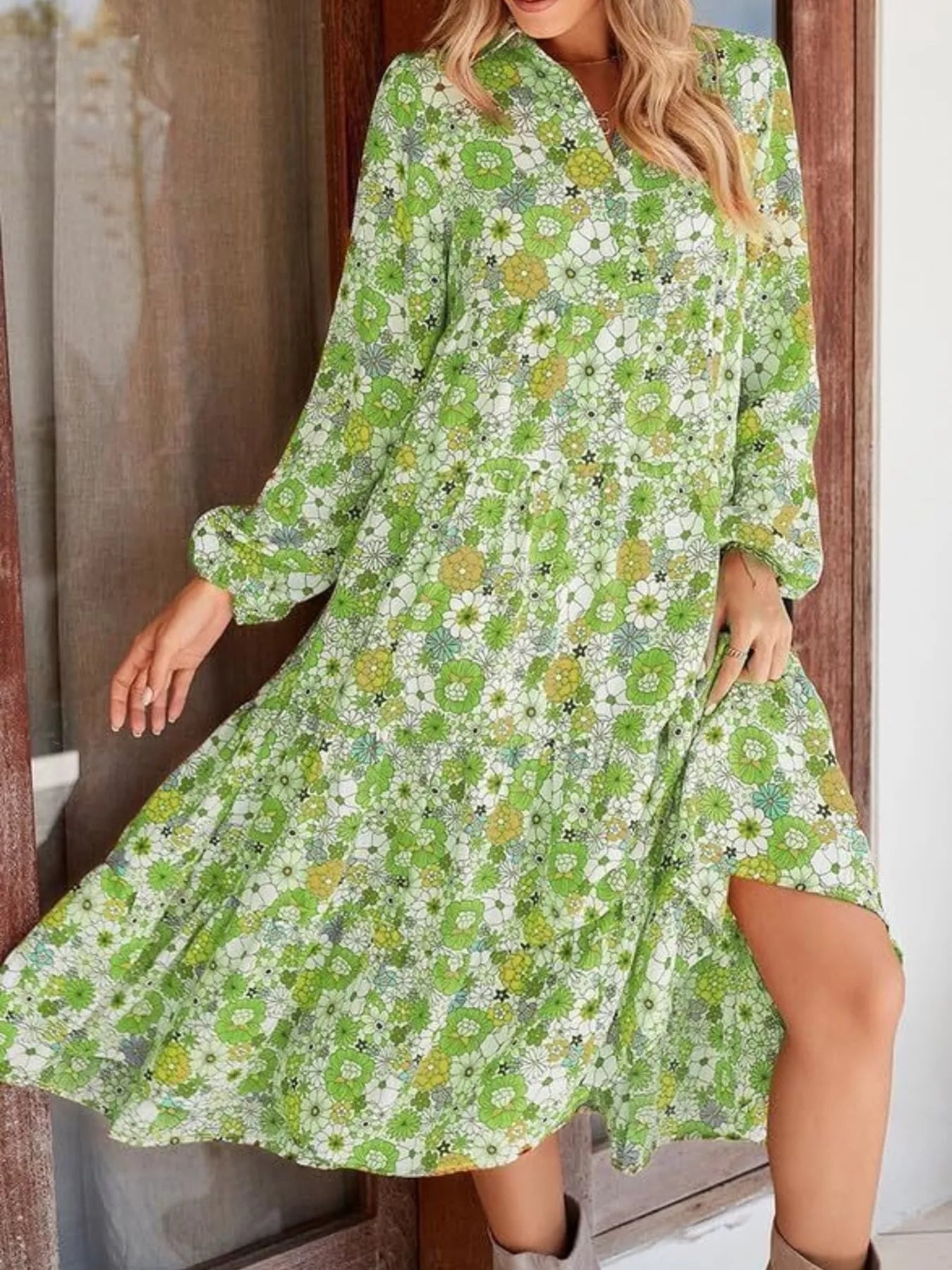 Floral Print Balloon Sleeve Midi Dress - MAD RUFFI