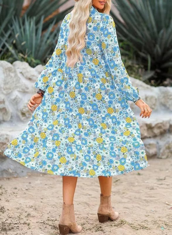 Floral Print Balloon Sleeve Midi Dress - MAD RUFFI