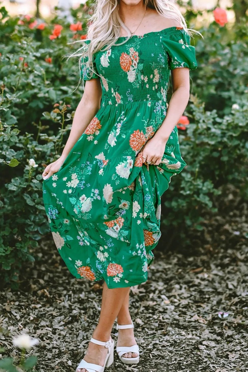 Floral Print Bubble Sleeve Smocked Tiered Midi Dress - MAD RUFFI