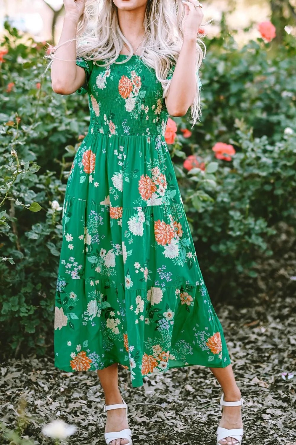 Floral Print Bubble Sleeve Smocked Tiered Midi Dress - MAD RUFFI