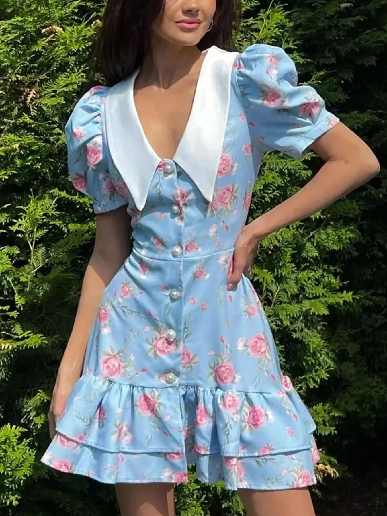 Floral Print Button - Front Ruffle Hem Dress - MAD RUFFI