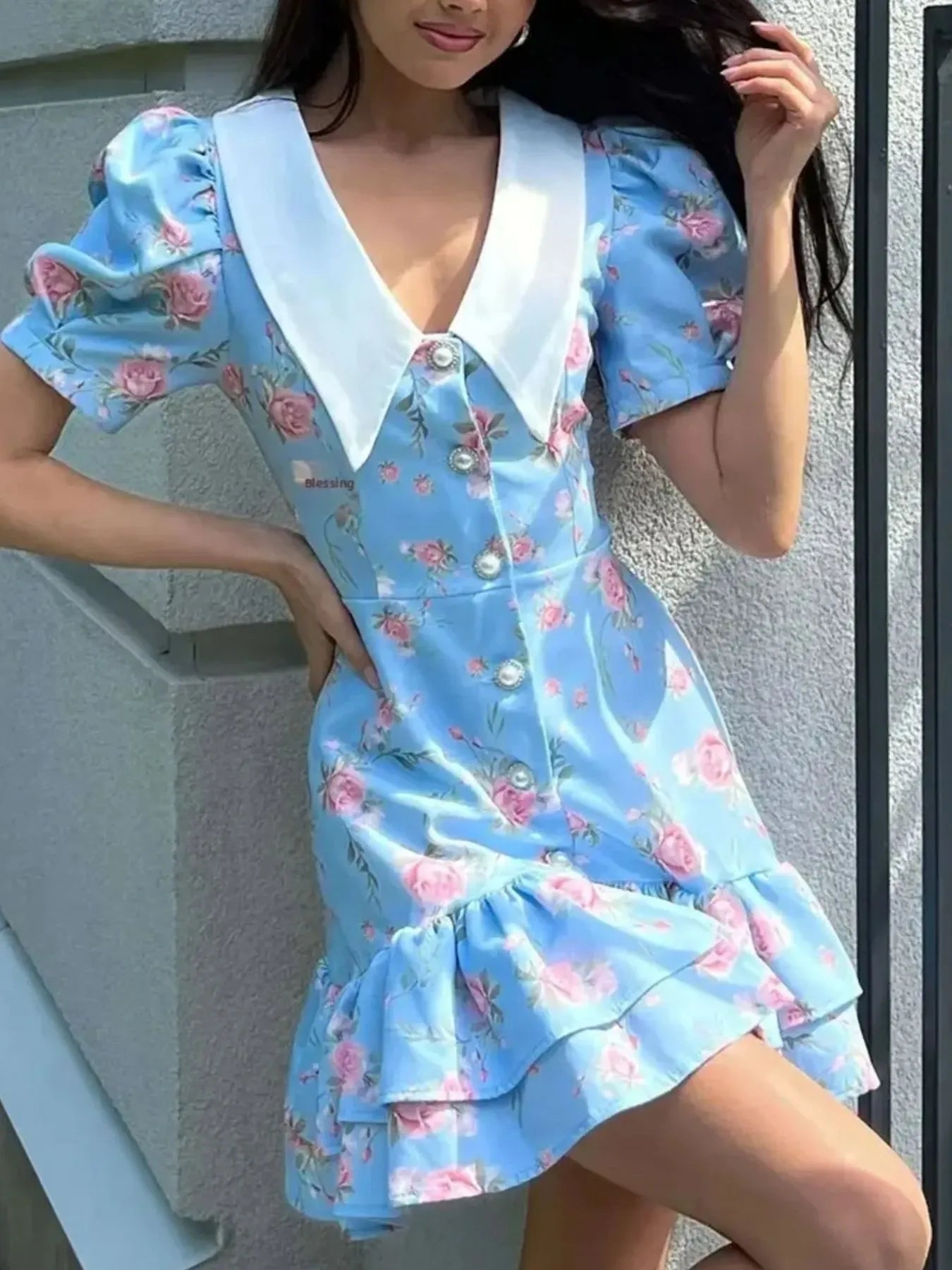 Floral Print Button - Front Ruffle Hem Dress - MAD RUFFI