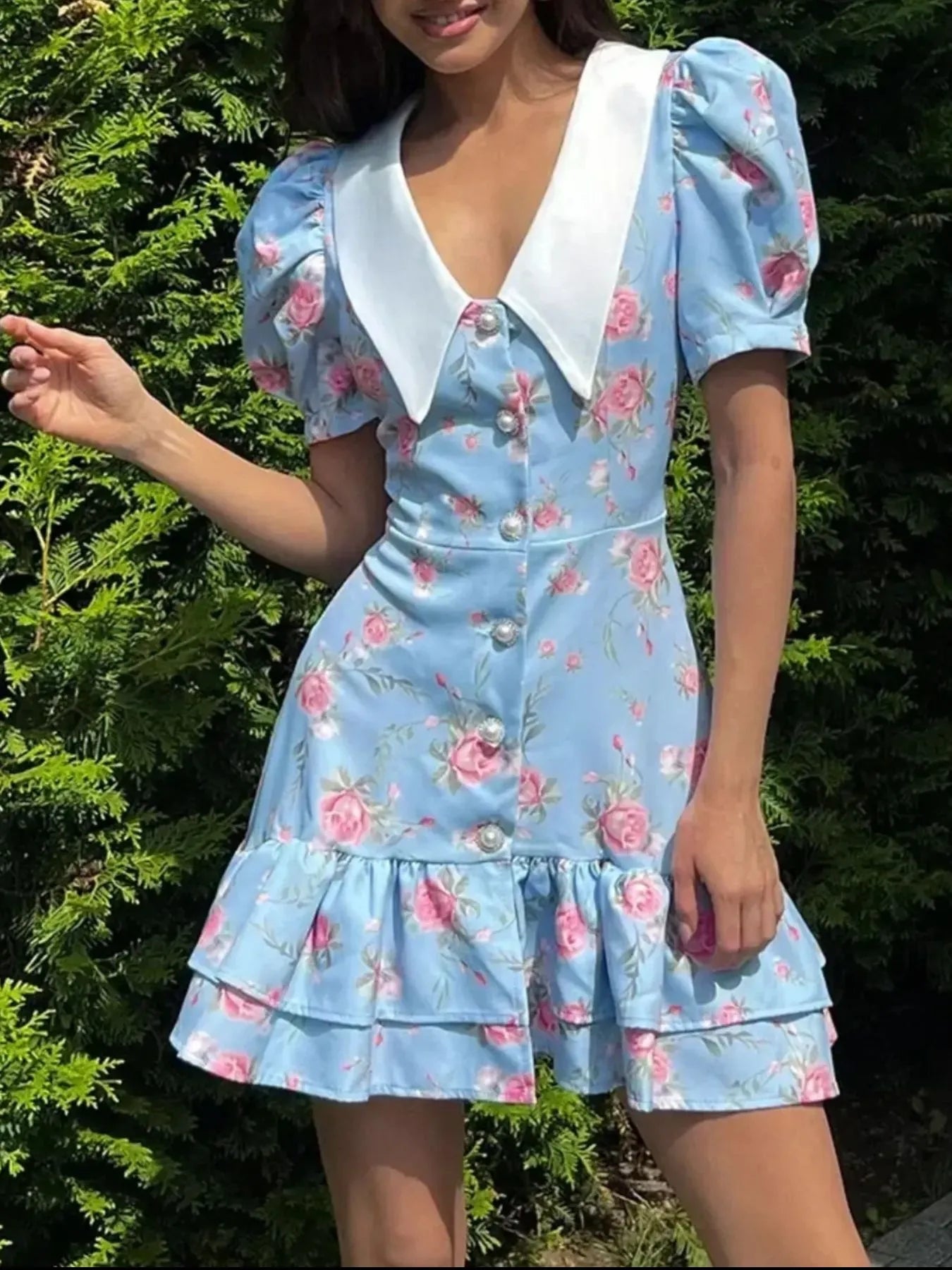 Floral Print Button - Front Ruffle Hem Dress - MAD RUFFI