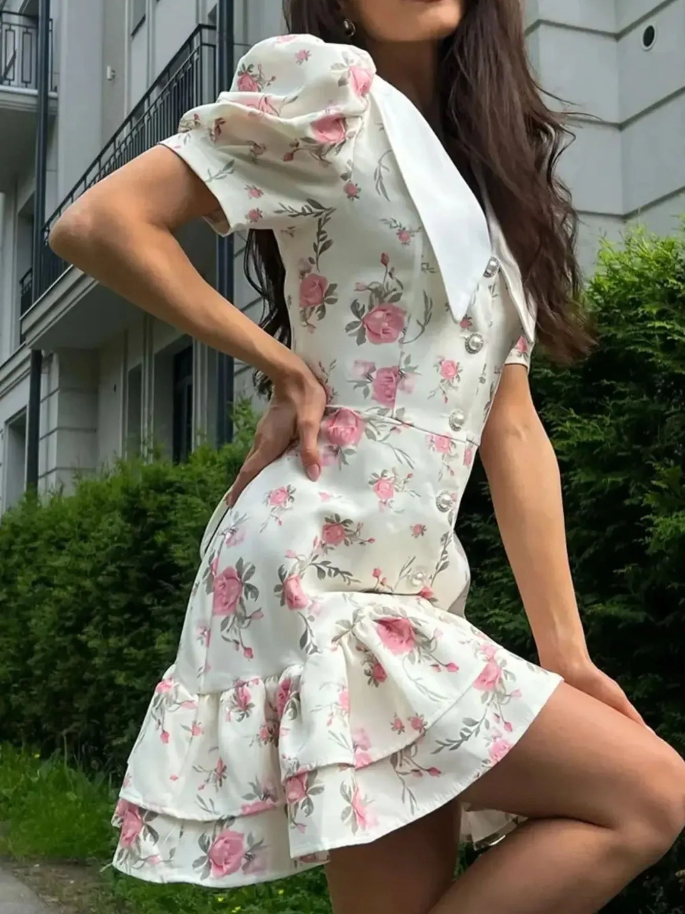 Floral Print Button - Front Ruffle Hem Dress - MAD RUFFI