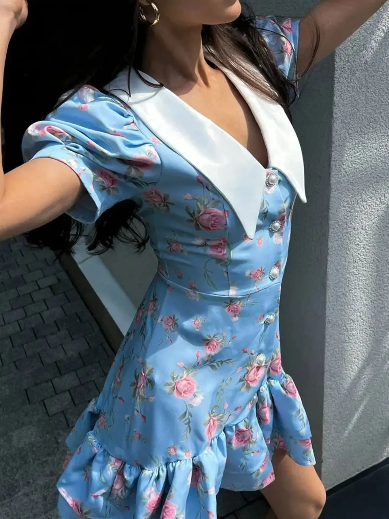 Floral Print Button - Front Ruffle Hem Dress - MAD RUFFI