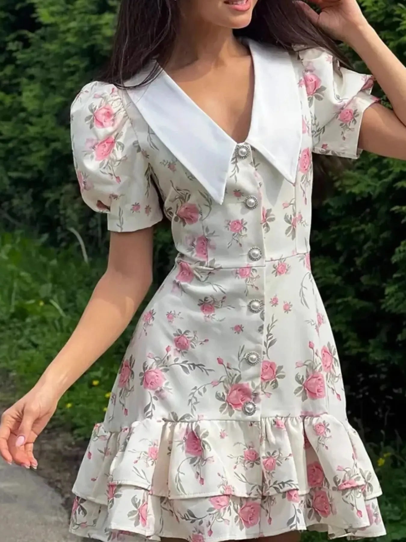 Floral Print Button - Front Ruffle Hem Dress - MAD RUFFI