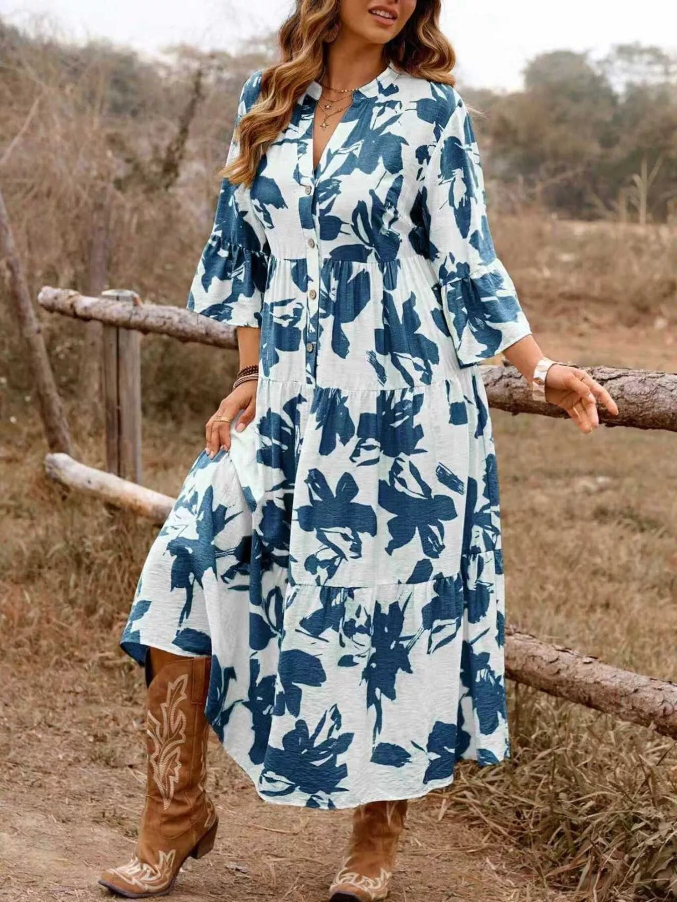 Floral Print Button Front Tiered Dress - MAD RUFFI