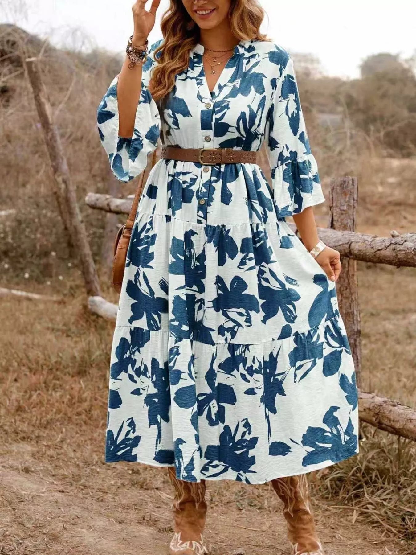 Floral Print Button Front Tiered Dress - MAD RUFFI