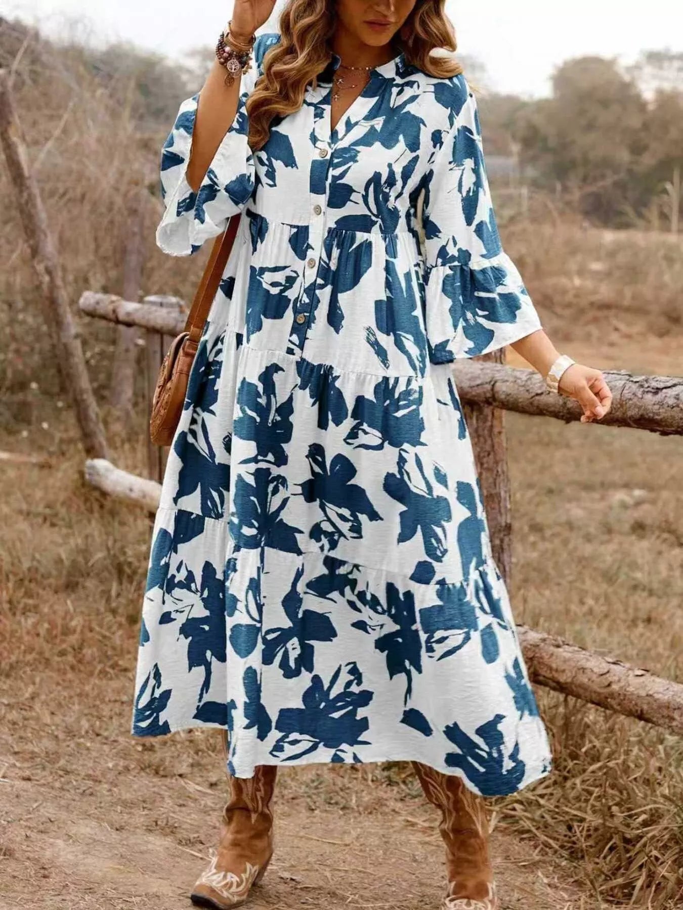 Floral Print Button Front Tiered Dress - MAD RUFFI