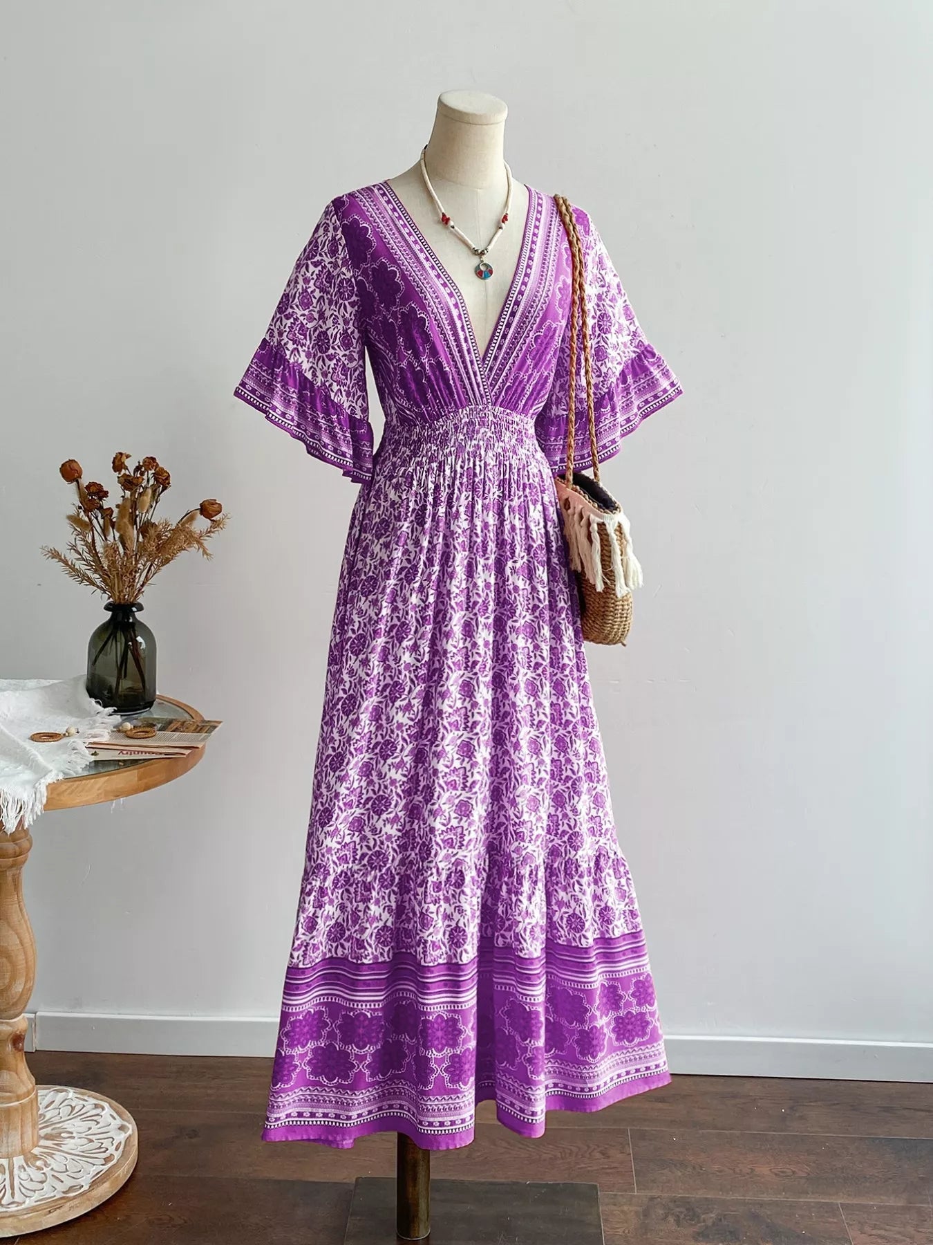 Floral Print Deep V - Neck Dress - MAD RUFFI