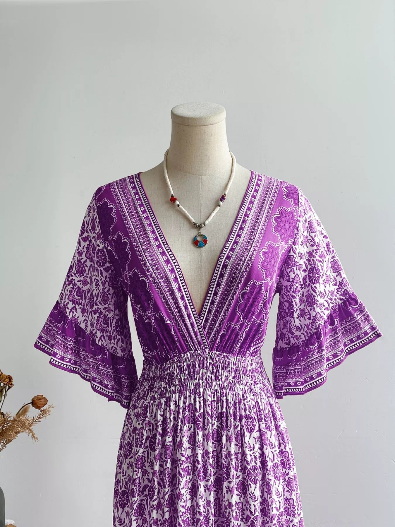 Floral Print Deep V - Neck Dress - MAD RUFFI