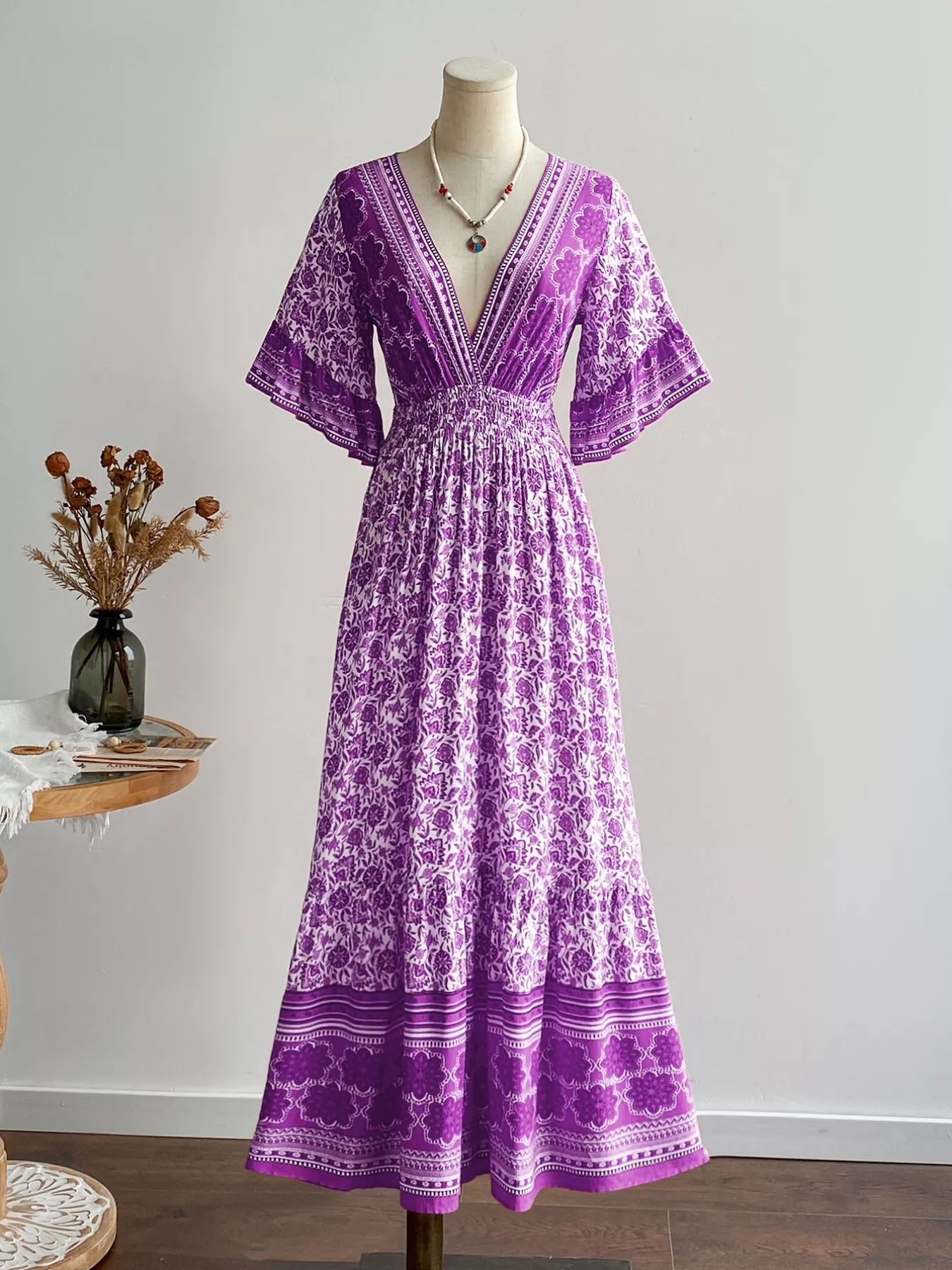 Floral Print Deep V - Neck Dress - MAD RUFFI