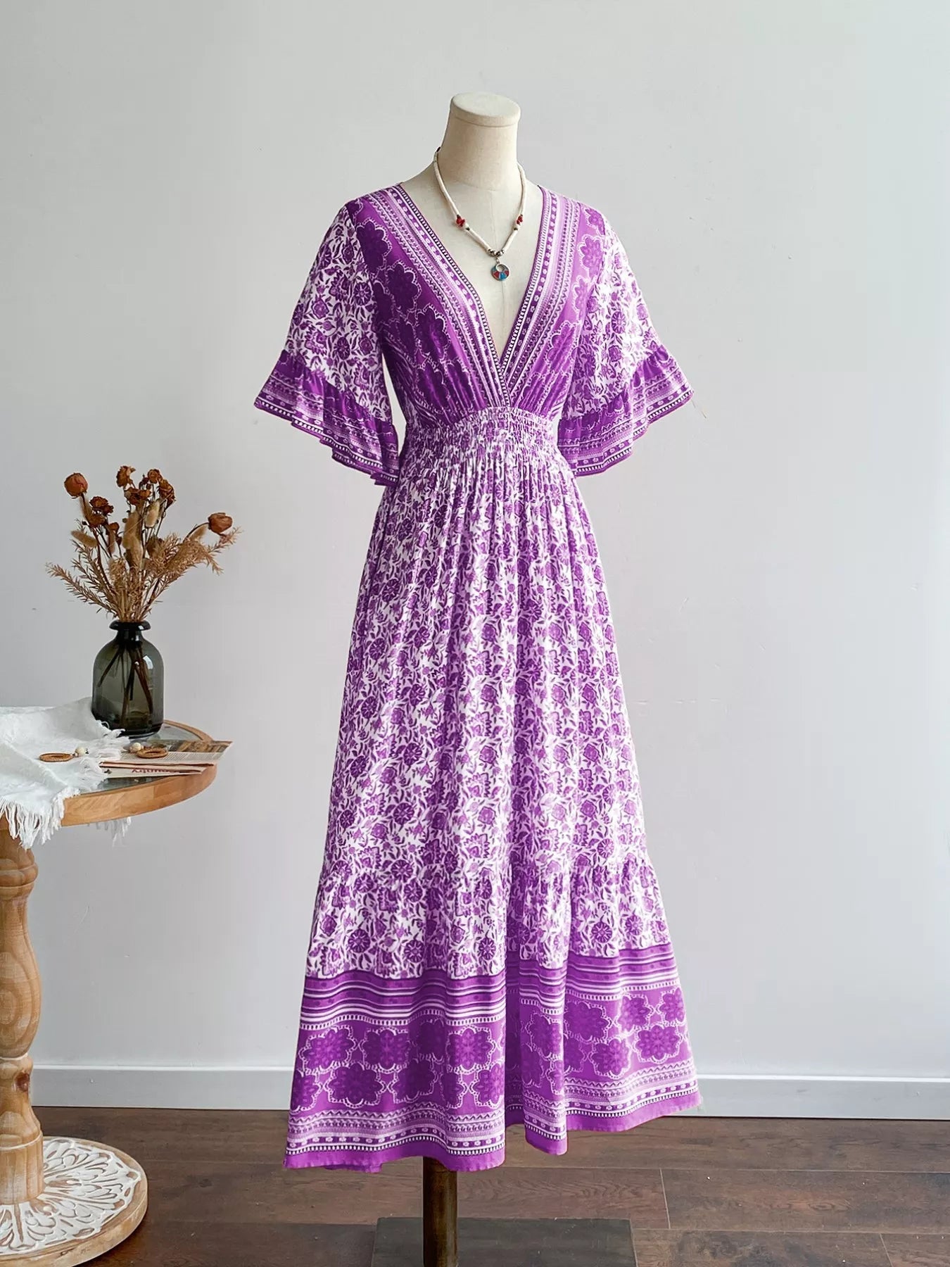 Floral Print Deep V - Neck Dress - MAD RUFFI