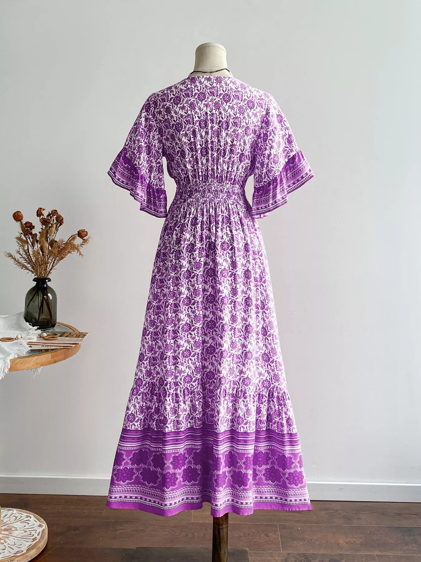 Floral Print Deep V - Neck Dress - MAD RUFFI