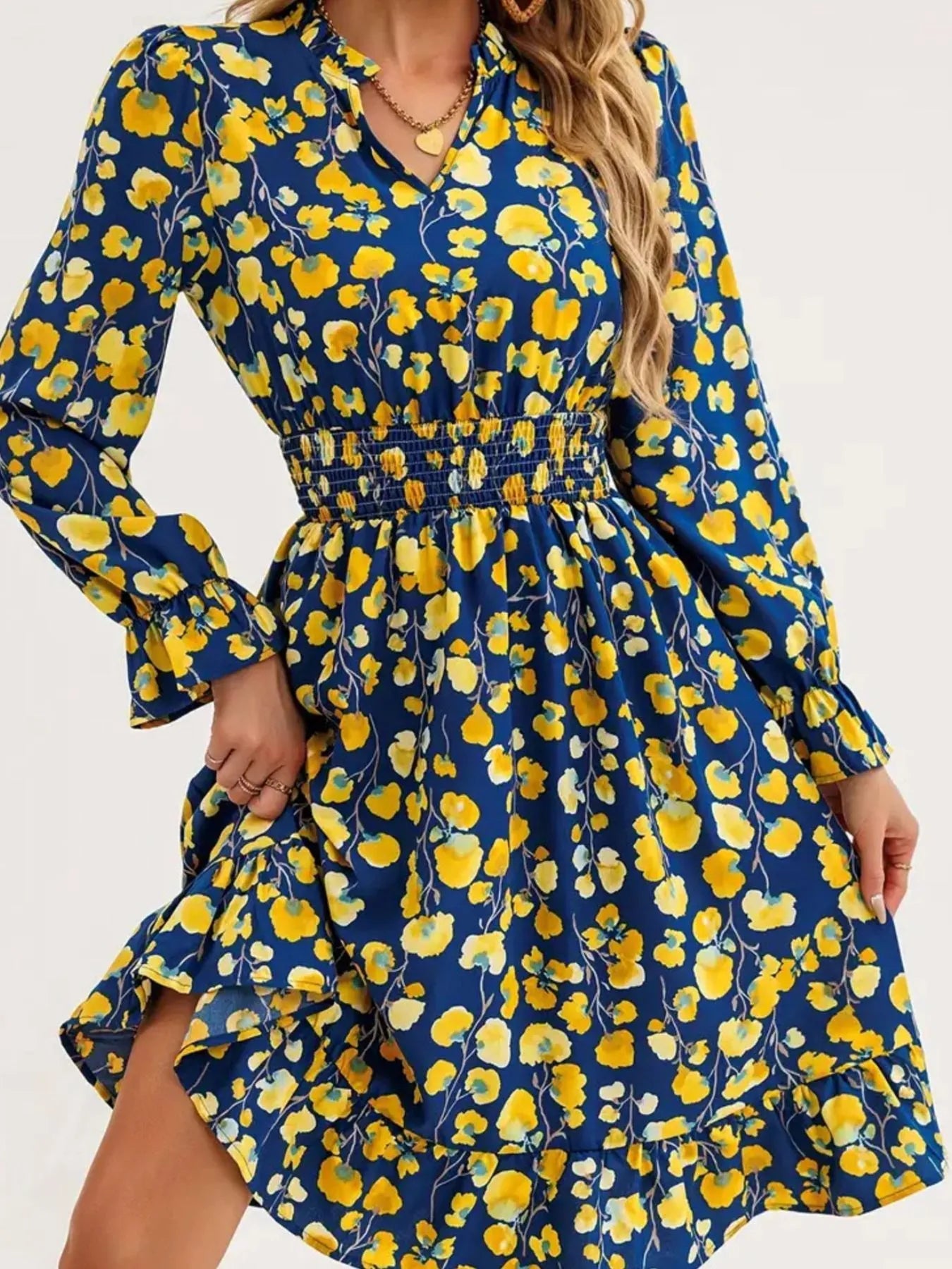 Floral Print Flounce Sleeve Ruffle Hem Dress - MAD RUFFI