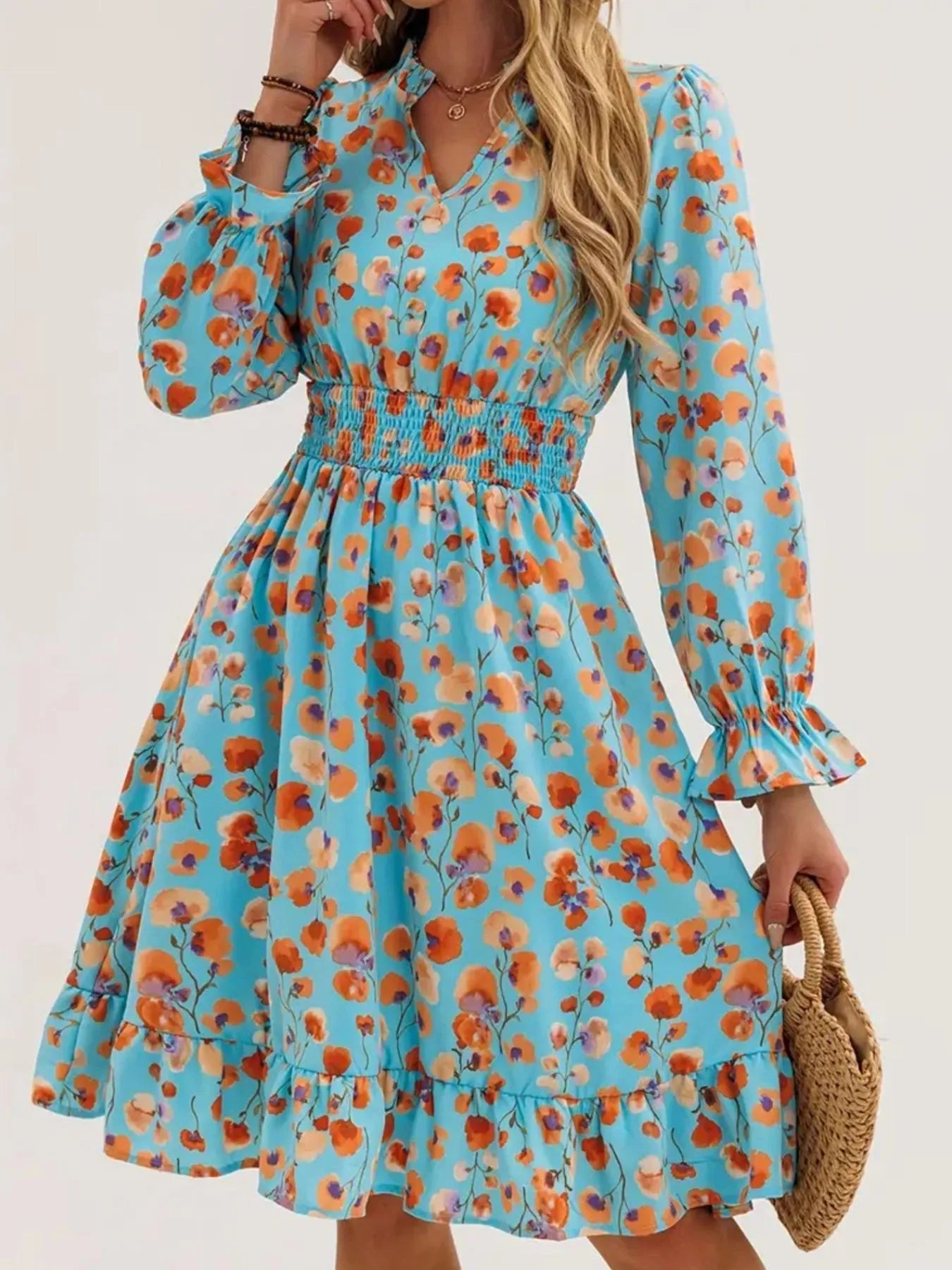 Floral Print Flounce Sleeve Ruffle Hem Dress - MAD RUFFI