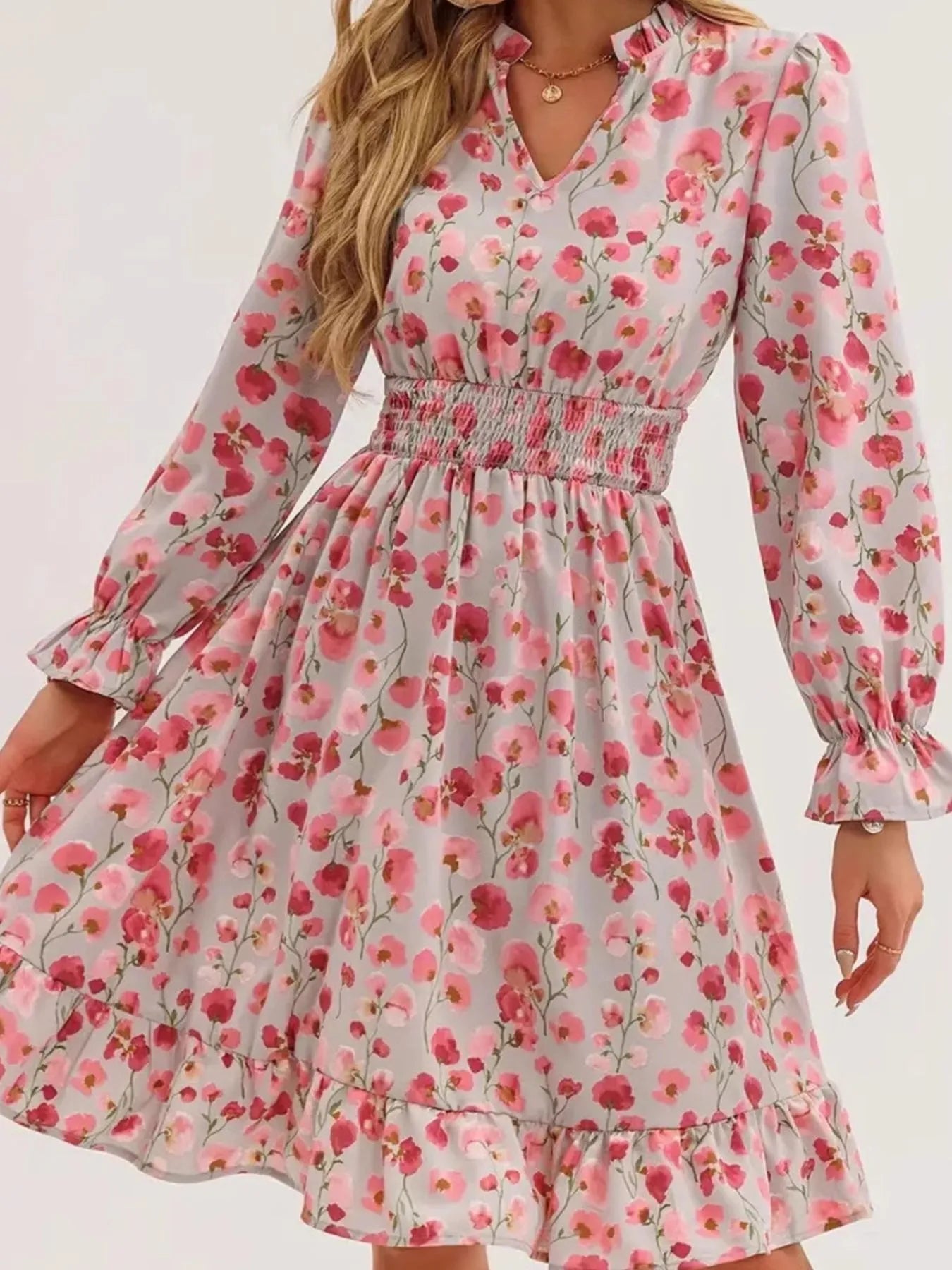 Floral Print Flounce Sleeve Ruffle Hem Dress - MAD RUFFI