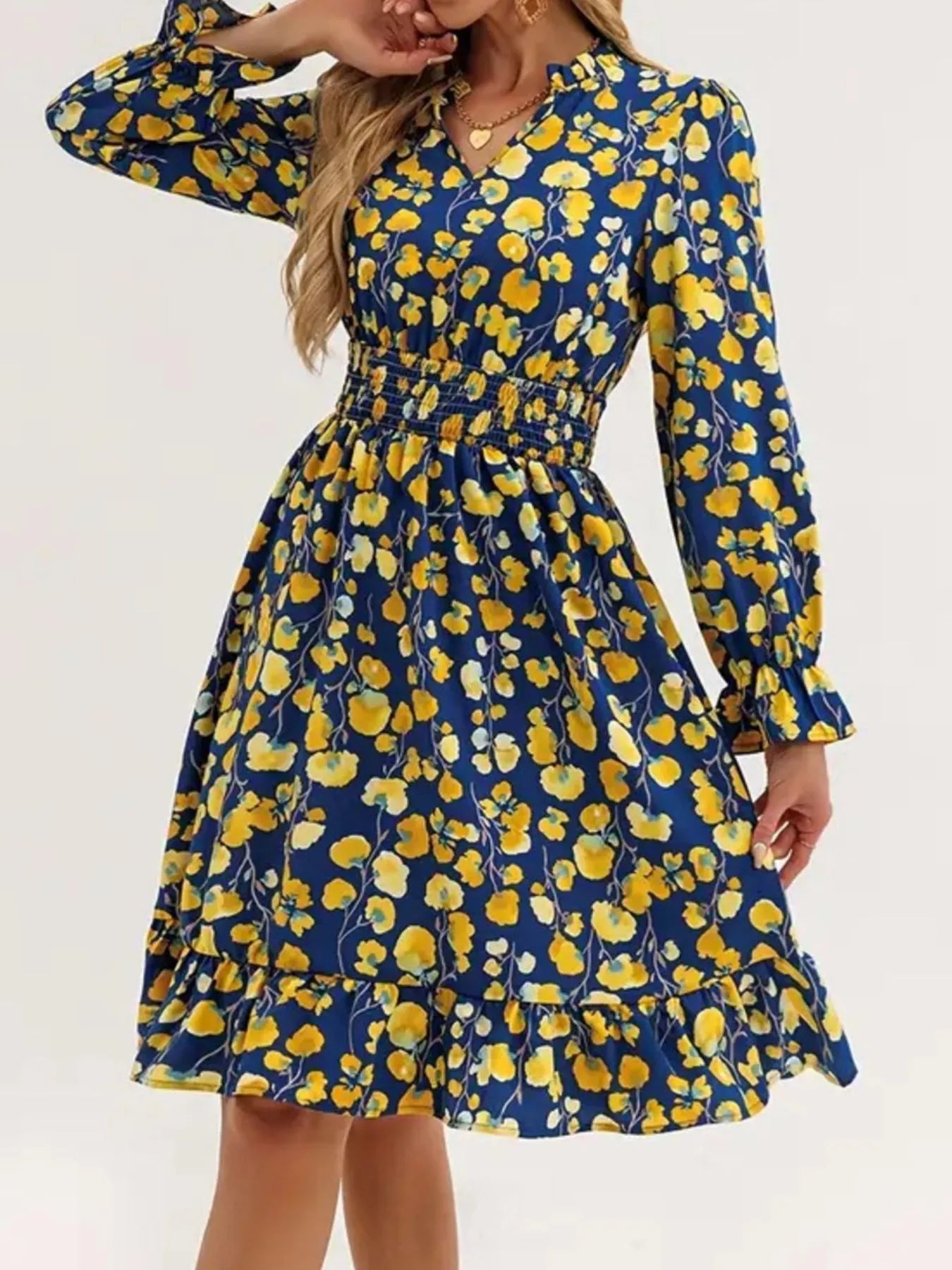 Floral Print Flounce Sleeve Ruffle Hem Dress - MAD RUFFI