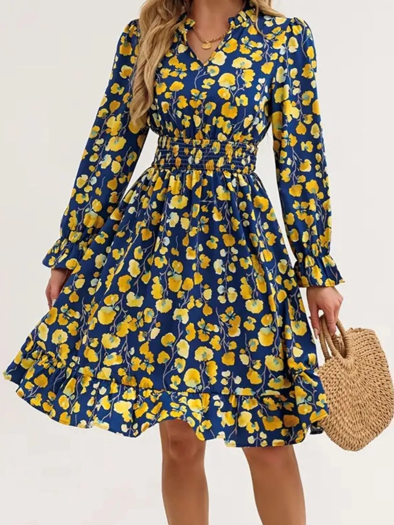 Floral Print Flounce Sleeve Ruffle Hem Dress - MAD RUFFI