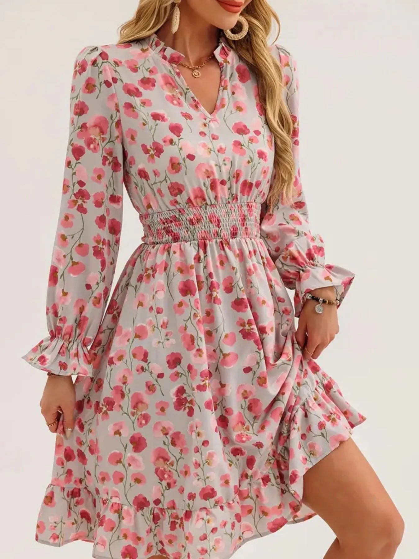 Floral Print Flounce Sleeve Ruffle Hem Dress - MAD RUFFI