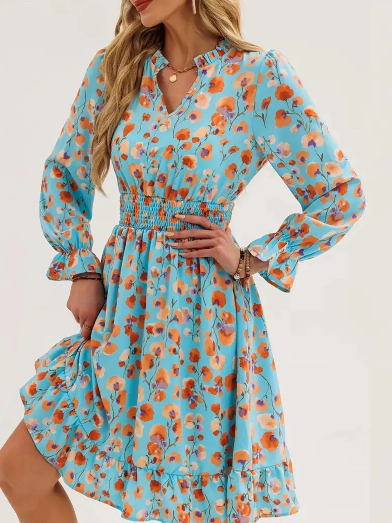 Floral Print Flounce Sleeve Ruffle Hem Dress - MAD RUFFI