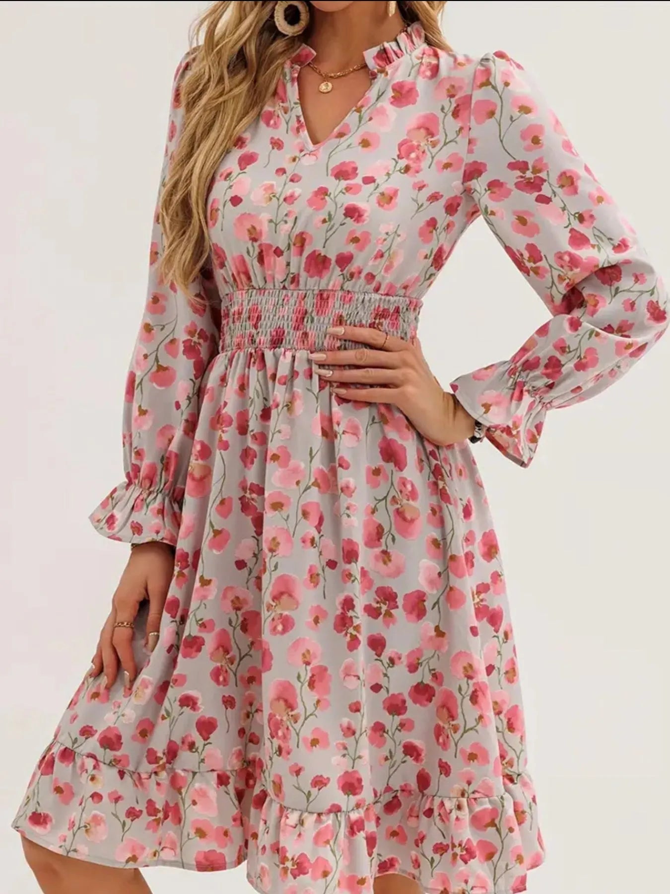 Floral Print Flounce Sleeve Ruffle Hem Dress - MAD RUFFI
