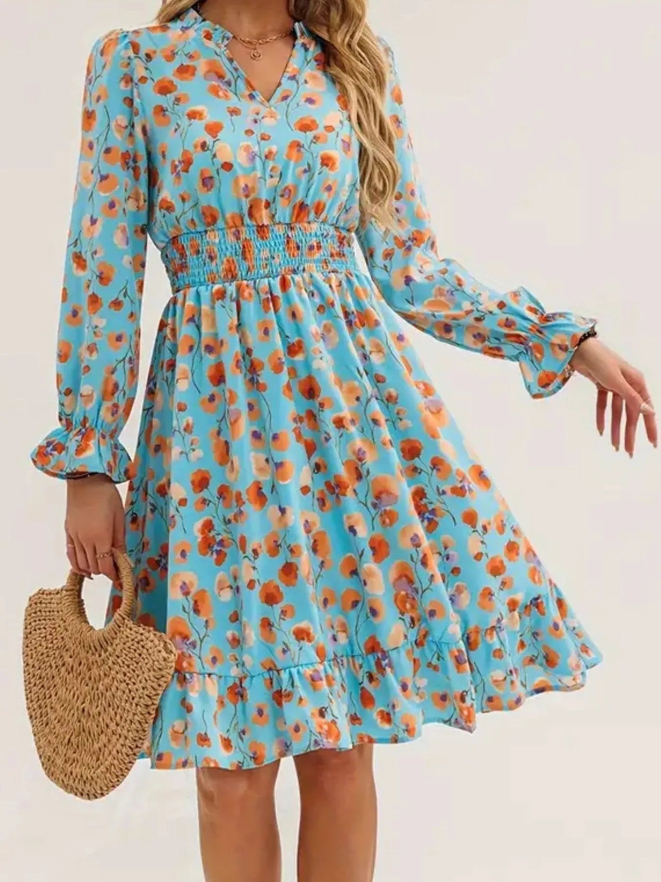 Floral Print Flounce Sleeve Ruffle Hem Dress - MAD RUFFI