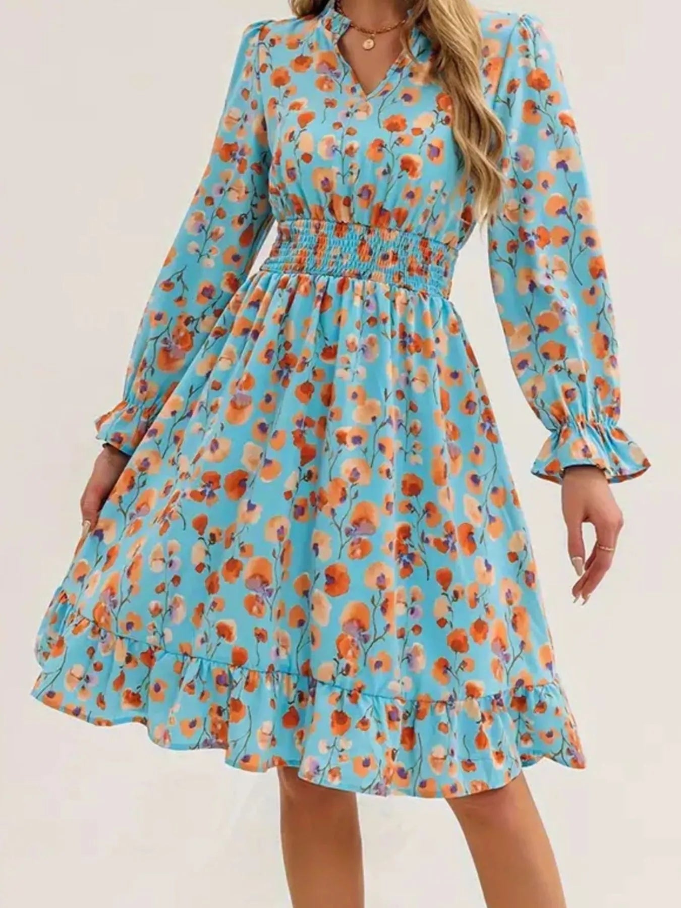 Floral Print Flounce Sleeve Ruffle Hem Dress - MAD RUFFI