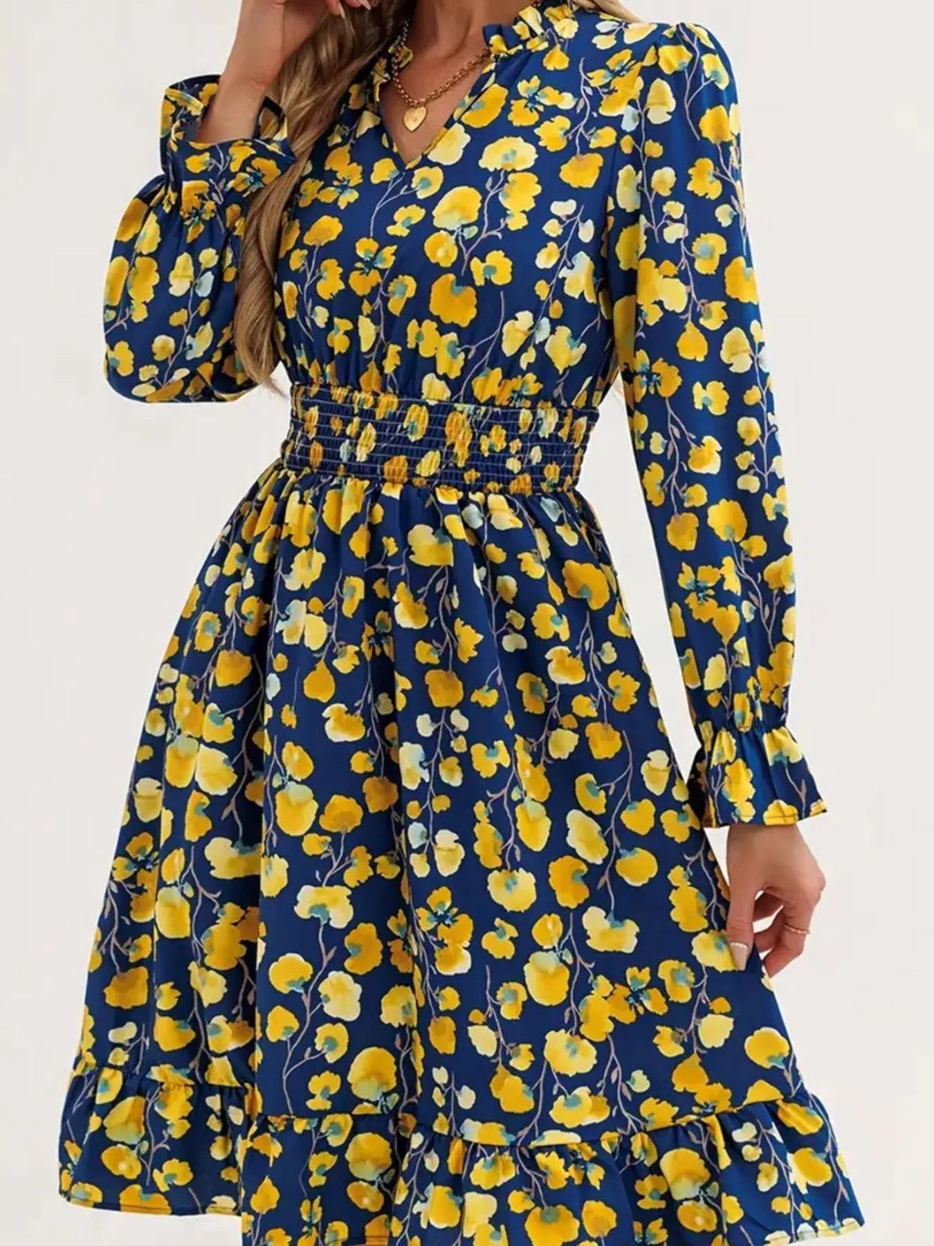 Floral Print Flounce Sleeve Ruffle Hem Dress - MAD RUFFI