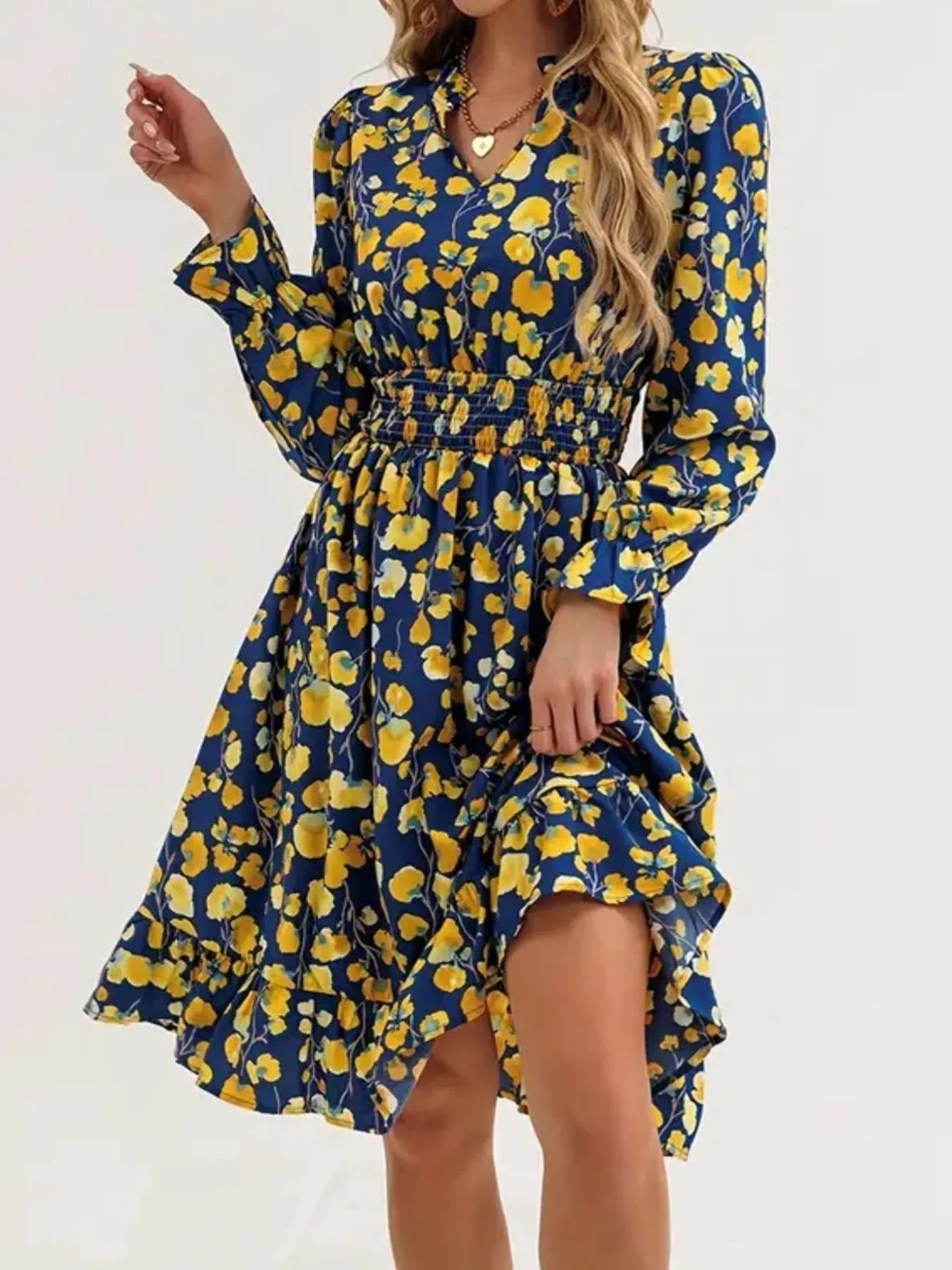 Floral Print Flounce Sleeve Ruffle Hem Dress - MAD RUFFI