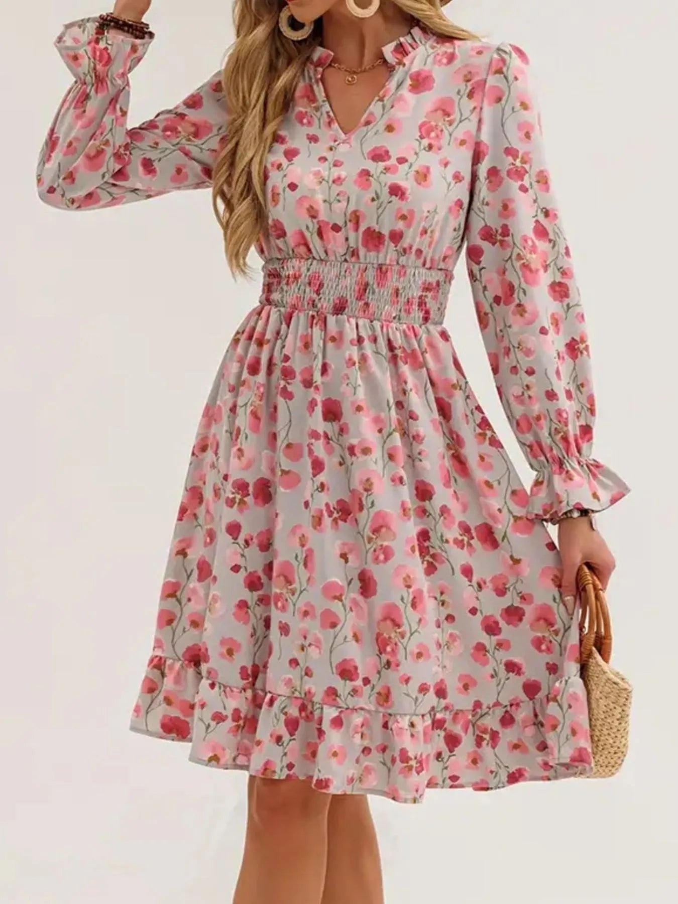 Floral Print Flounce Sleeve Ruffle Hem Dress - MAD RUFFI