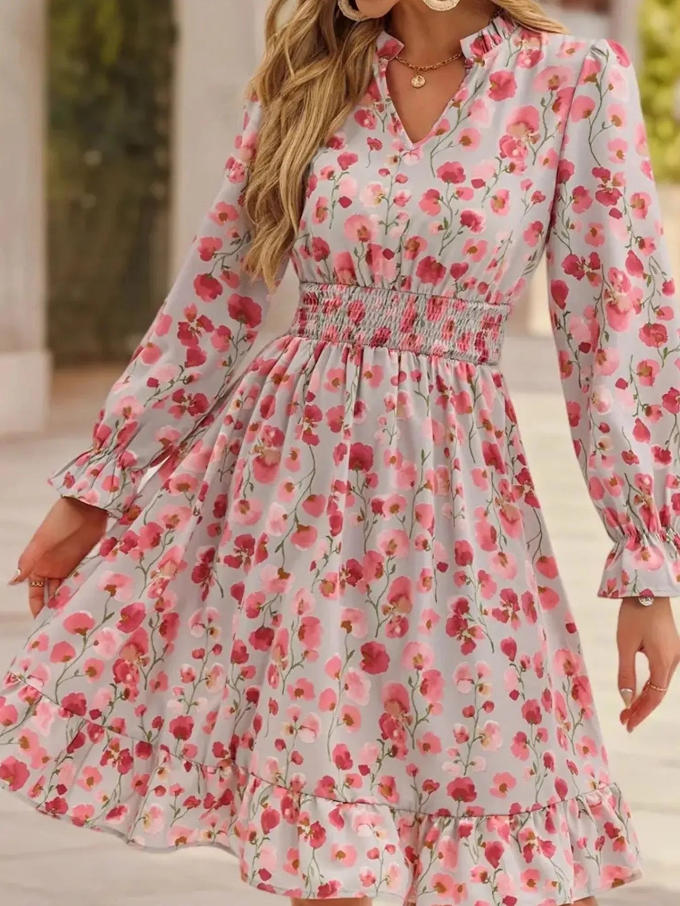 Floral Print Flounce Sleeve Ruffle Hem Dress - MAD RUFFI
