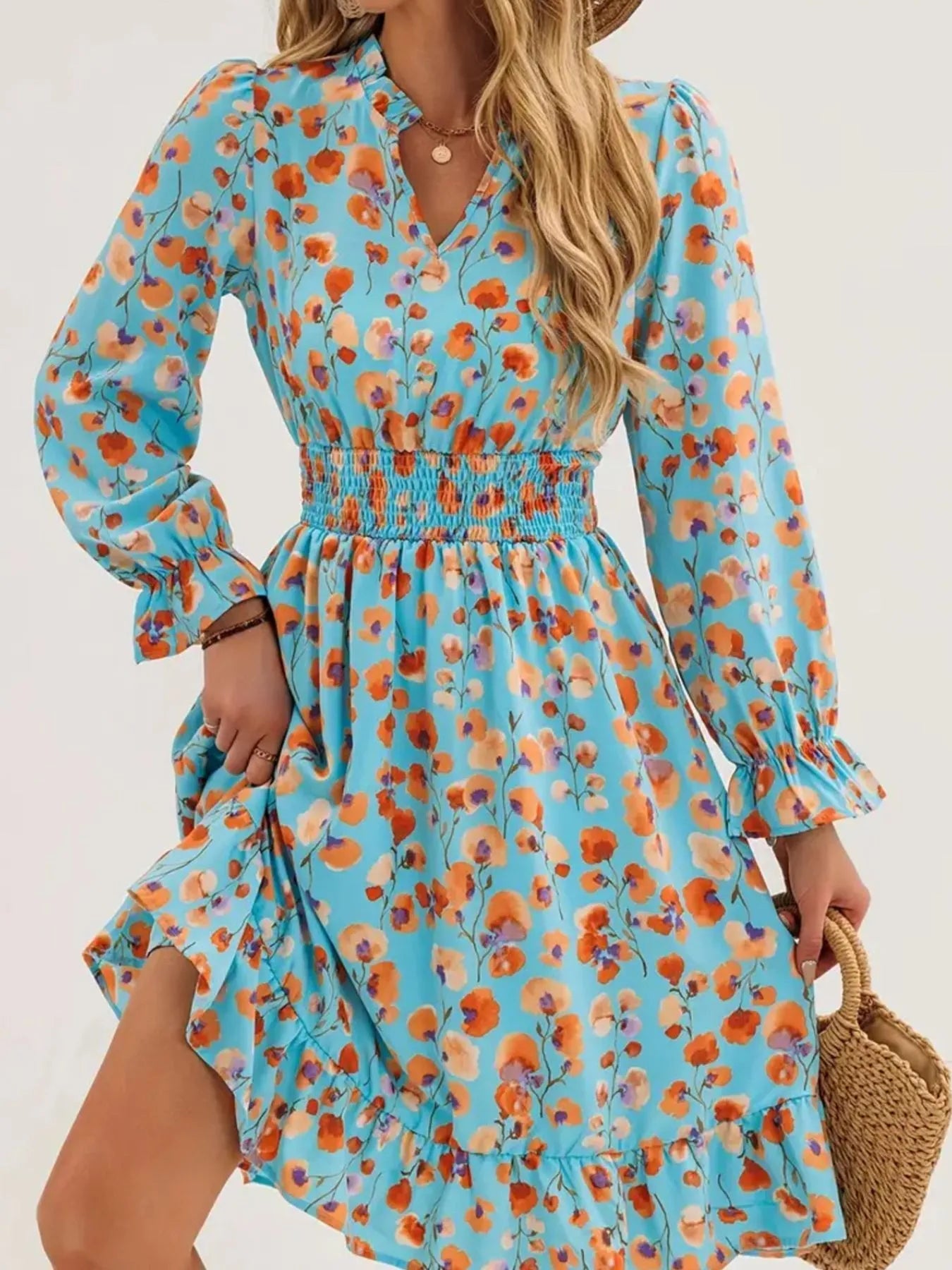 Floral Print Flounce Sleeve Ruffle Hem Dress - MAD RUFFI
