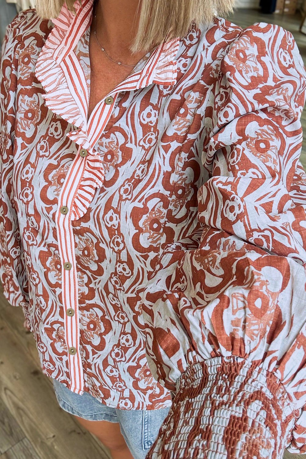 Floral Print Frilled Striped Trim Button Down Smocked Cuffs Long Sleeve Shirt - MAD RUFFI