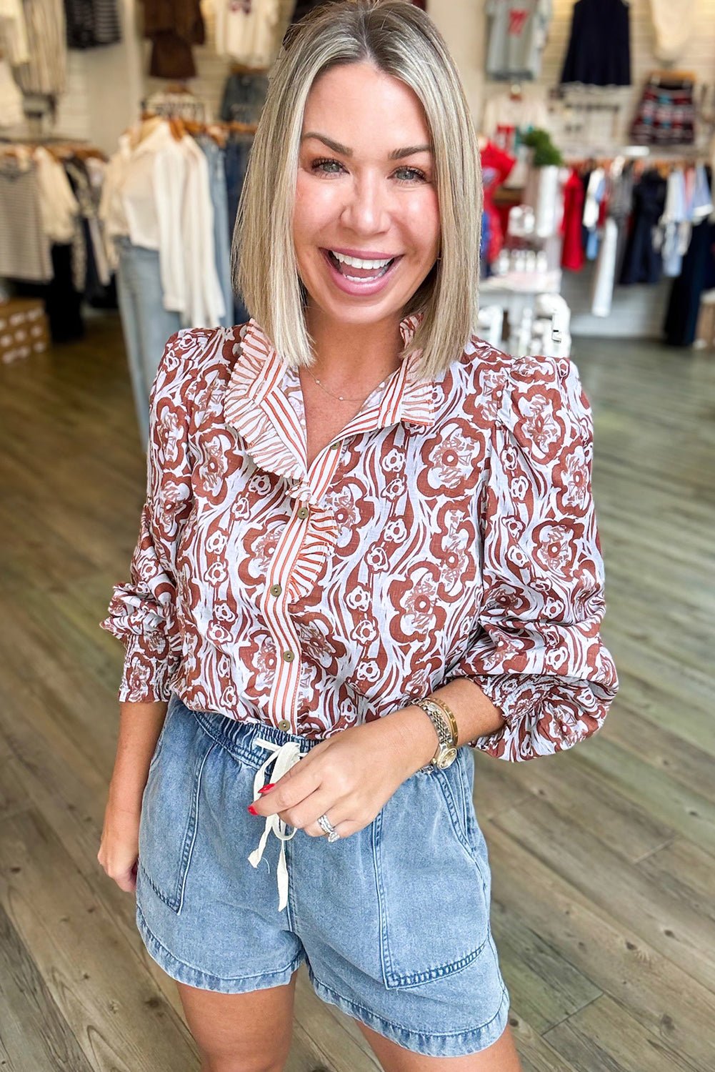 Floral Print Frilled Striped Trim Button Down Smocked Cuffs Long Sleeve Shirt - MAD RUFFI