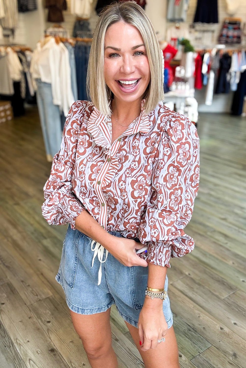 Floral Print Frilled Striped Trim Button Down Smocked Cuffs Long Sleeve Shirt - MAD RUFFI