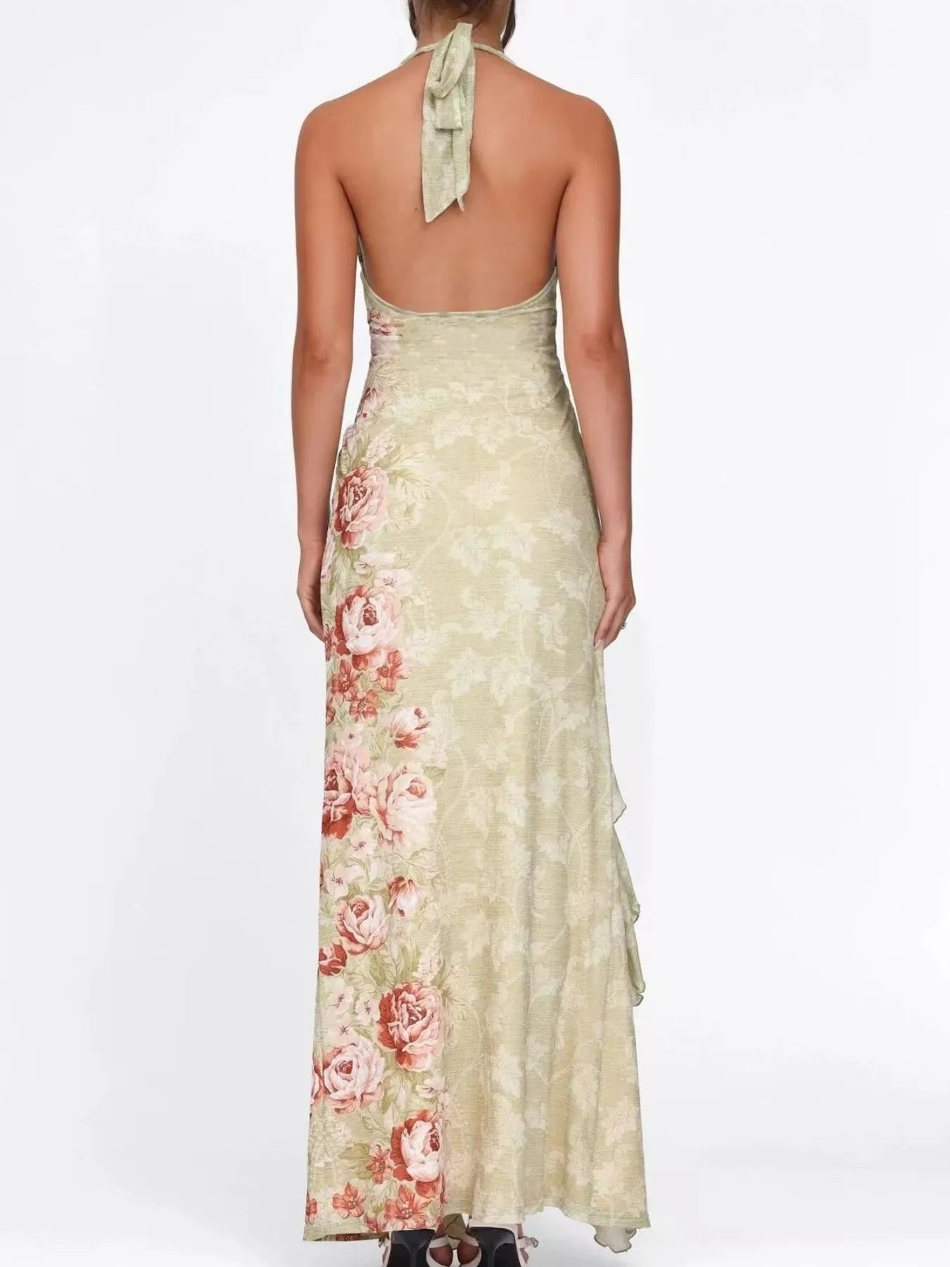 Floral Print Halter Neck Ruched Maxi Dress - MAD RUFFI