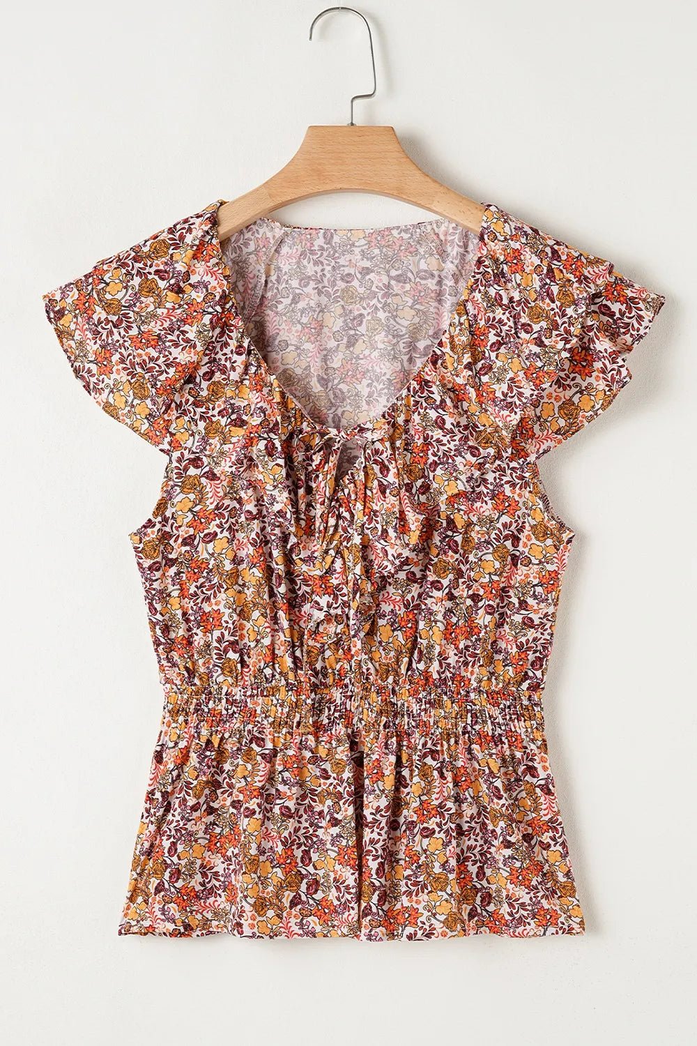 Floral Print Knot V Neck Ruffled Sleeve Blouse - MAD RUFFI