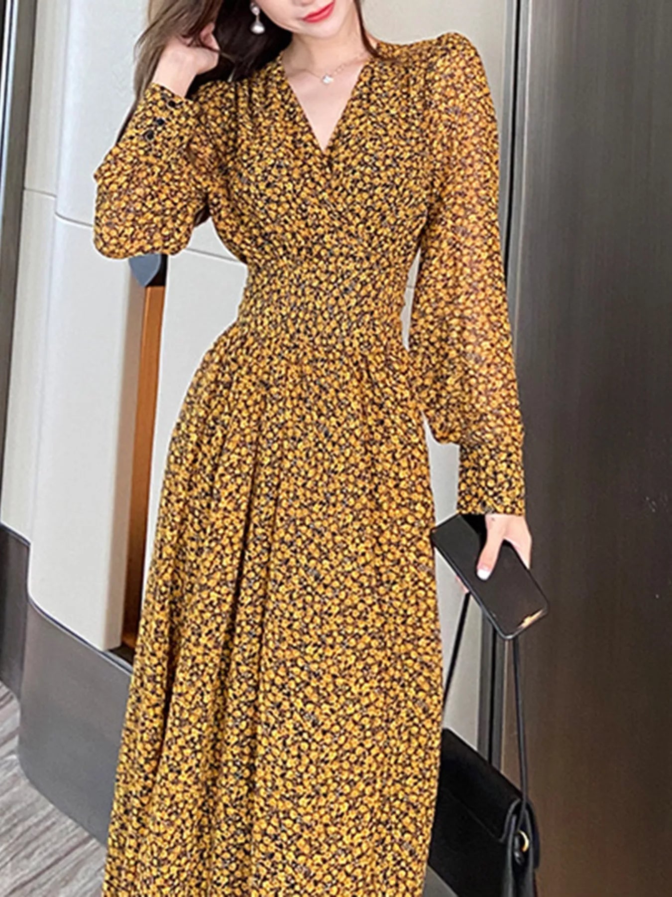 Floral Print Long Sleeve Dress - MAD RUFFI
