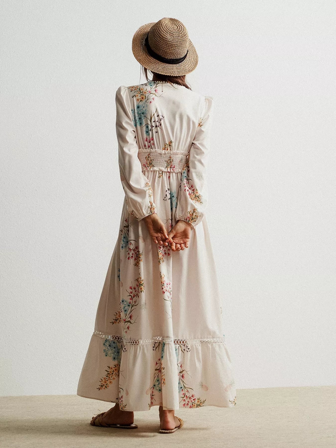 Floral Print Long Sleeve Maxi Dress with Smocked Waist - MAD RUFFI
