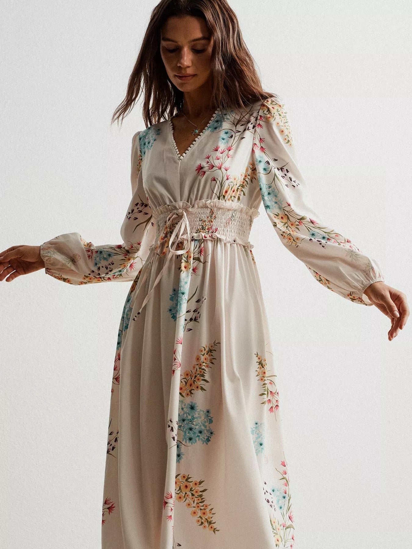 Floral Print Long Sleeve Maxi Dress with Smocked Waist - MAD RUFFI