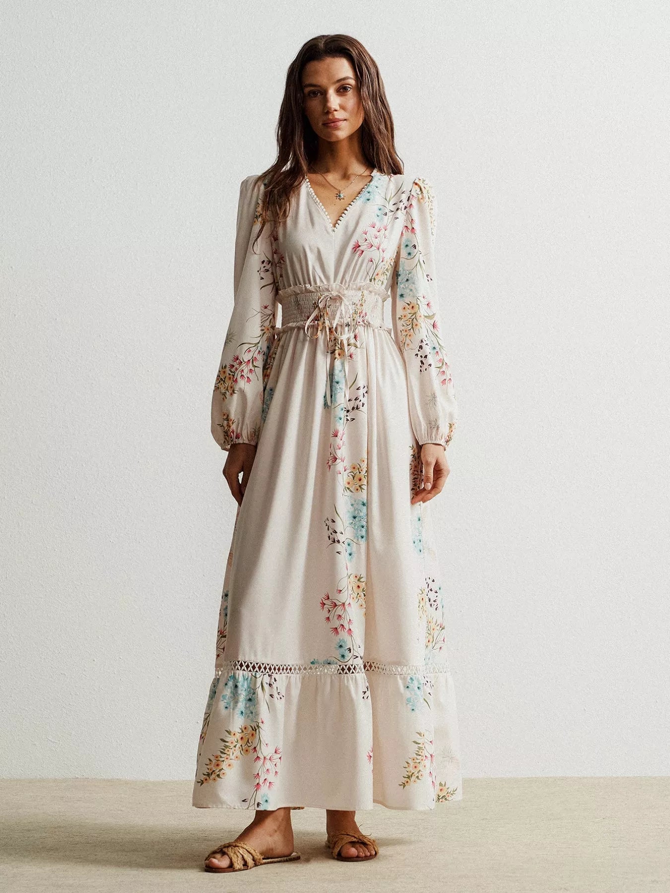 Floral Print Long Sleeve Maxi Dress with Smocked Waist - MAD RUFFI