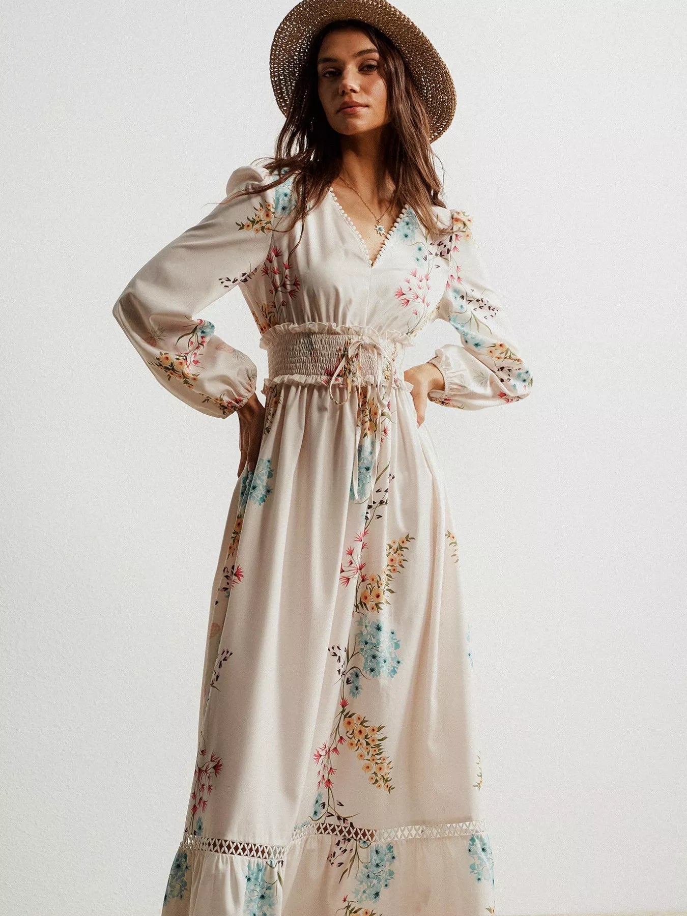 Floral Print Long Sleeve Maxi Dress with Smocked Waist - MAD RUFFI